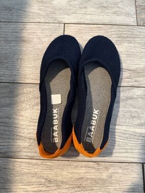 Women's Navy Ballet Flats with Orange Heel Accent